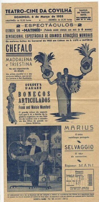 Poster advertising twice-nightly Variety at the Teatro-Cine da Covilhã, Sunday 6th March 1955