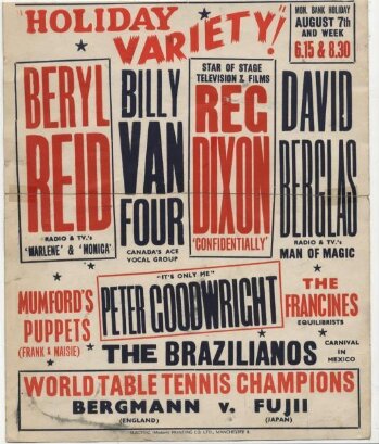 Poster advertising twice-nightly Variety at the Palace Theatre Manchester, Monday 7th August 1950