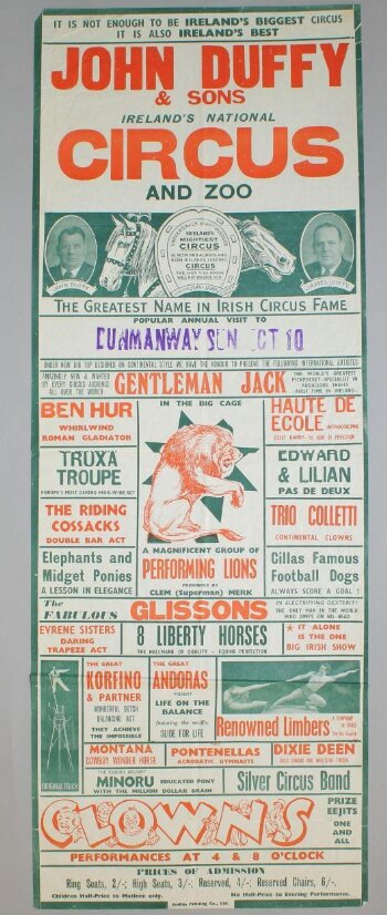 Poster advertising John Duffy & Sons Circus in Dunmanway, County Cork