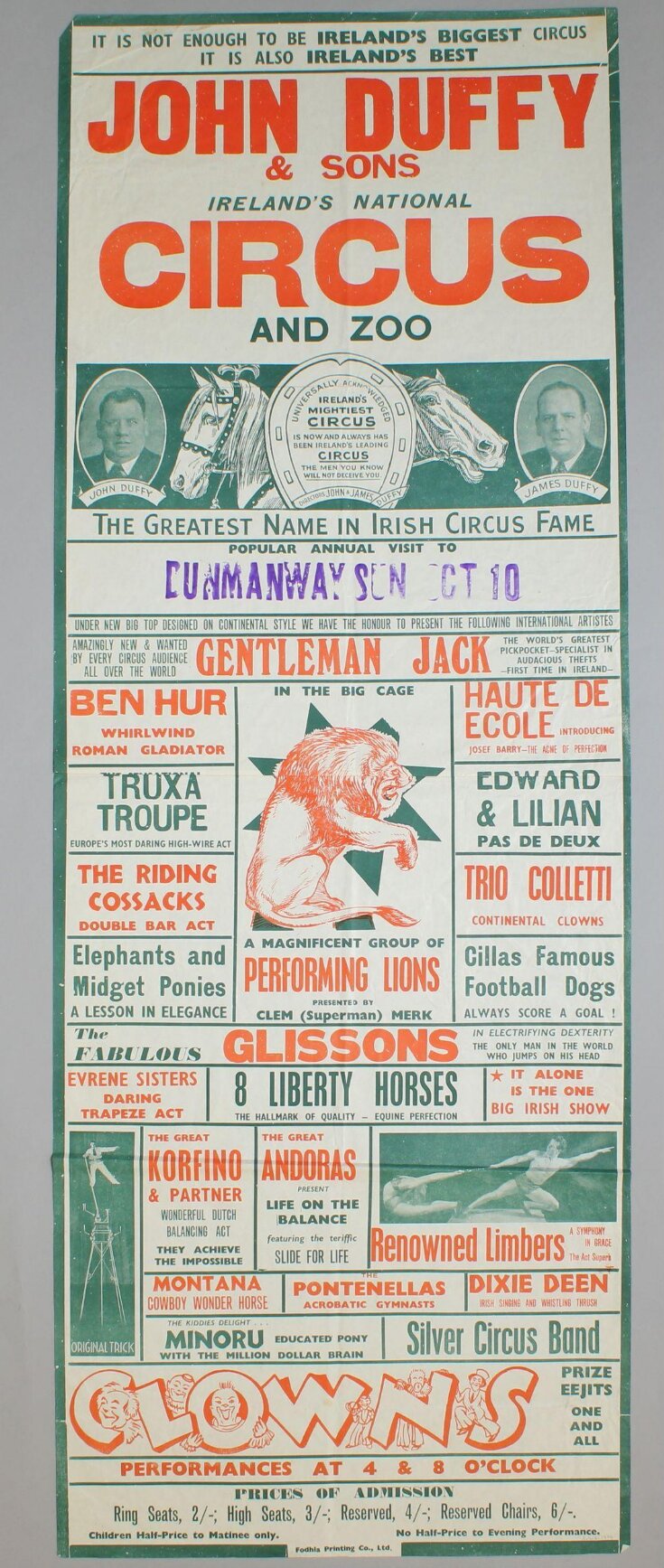 Poster advertising John Duffy & Sons Circus in Dunmanway, County Cork image