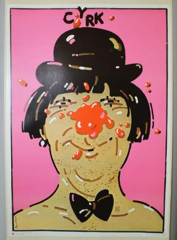 Clown with Derby and Bow Tie. Poster advertising Polish circus 