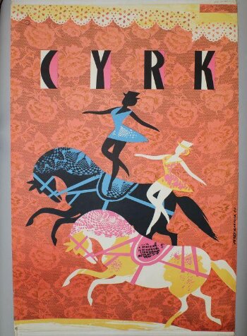 Two Ballerinas on Horseback. Poster advertising Polish circus 