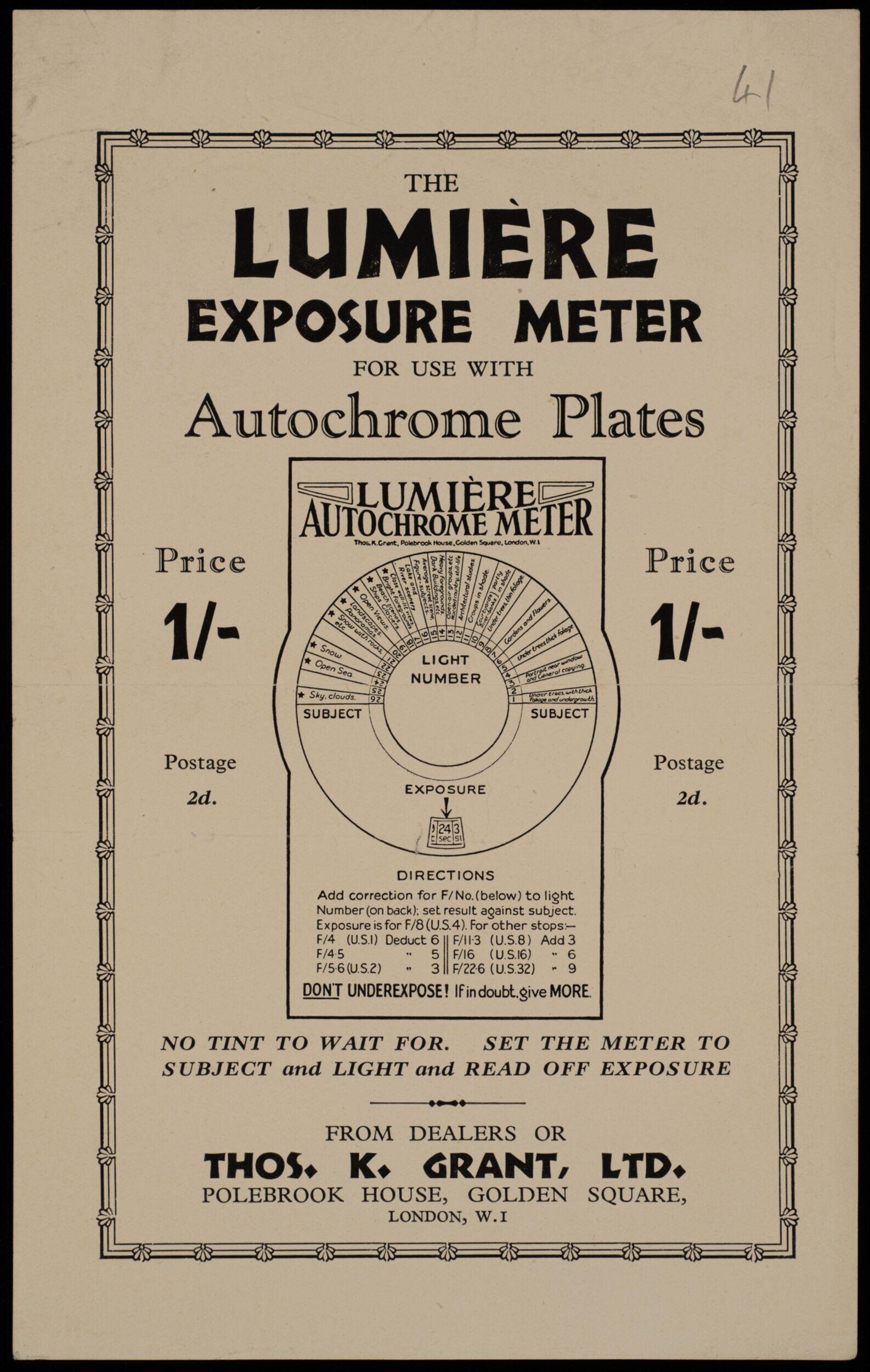 The Lumiere exposure meter : for use with autochrome plates