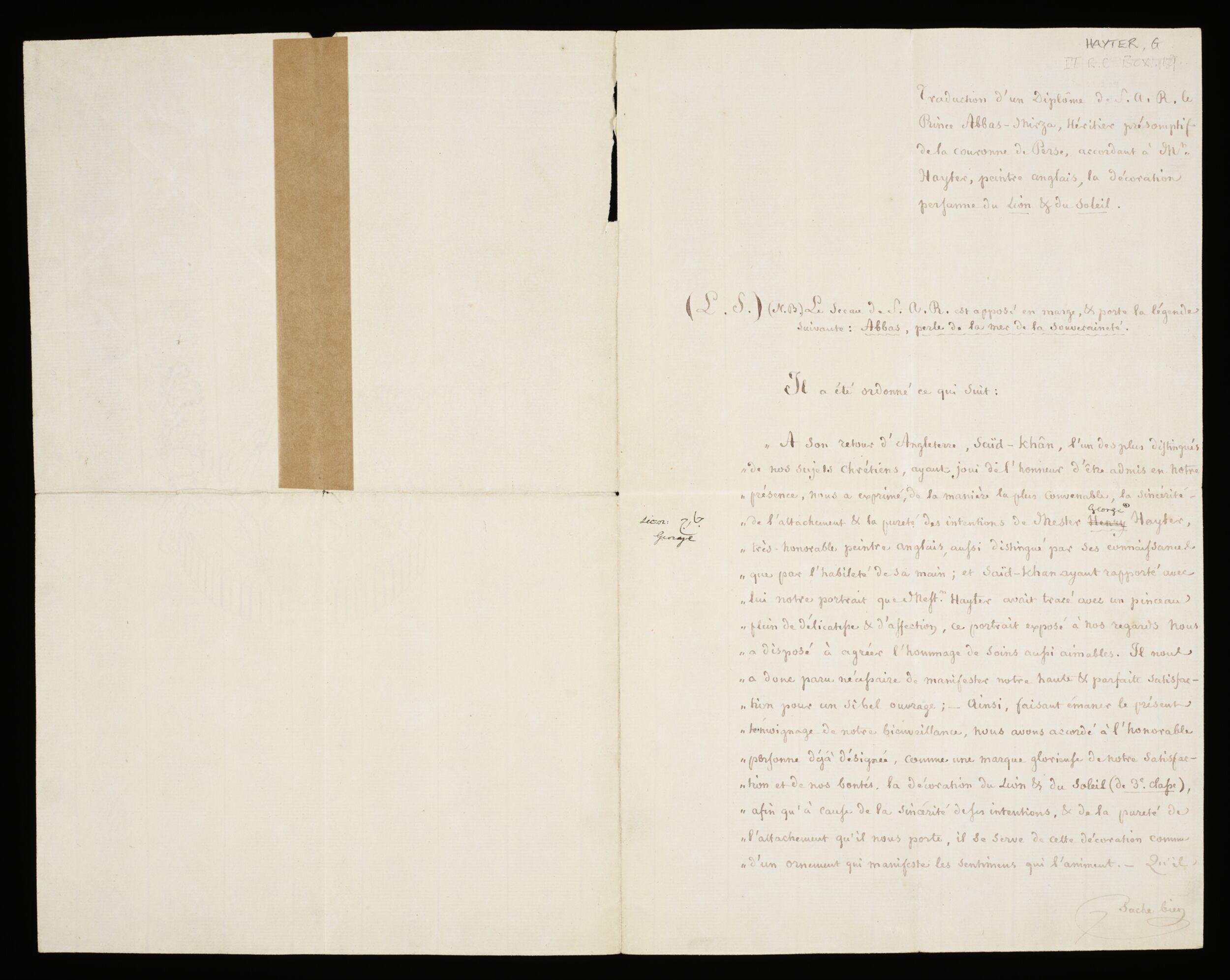 Diploma issued to George Hayter