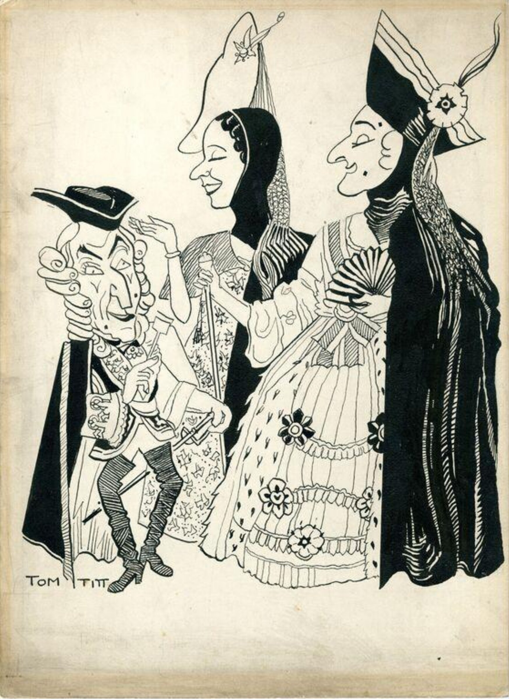 Cartoon of Henry Lytton as The Duke of Plaza Toro, Bertha Lewis as The Duchess of Plaza Toro, and Winifred Lawson as Casilda in <i>The Gondoliers</i>, Tom Titt, ca.1930