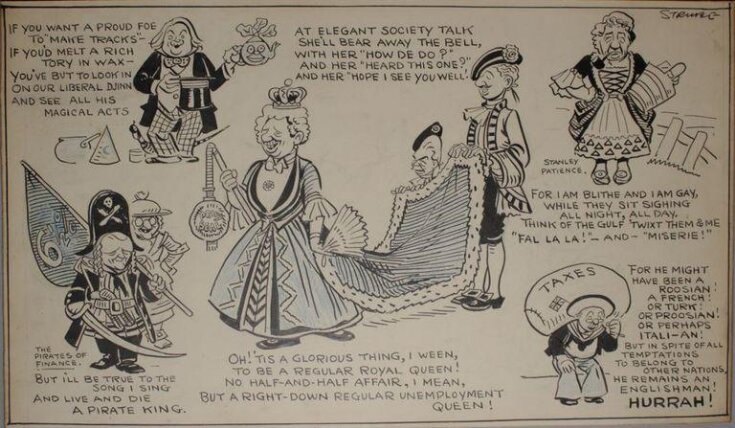 Cartoon lampooning policies and politicians of the Liberal government of Stanley Baldwin (1867-1947) top image