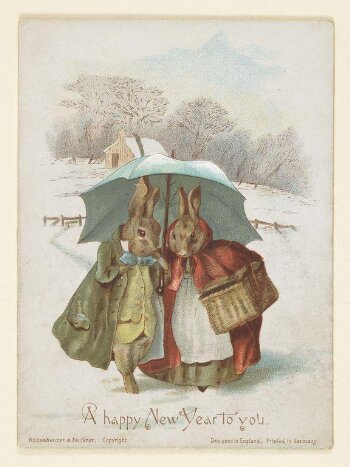 Two rabbits walking in the snow under an umbrella (the Happy Pair)