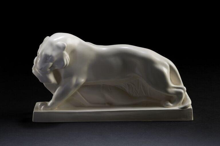 Sculpture, 'Tiger with Buck', Queen's ware, designed by John Skeaping for Josiah Wedgwood and Sons, Barlaston, 1982 at the Victoria and Albert Museum