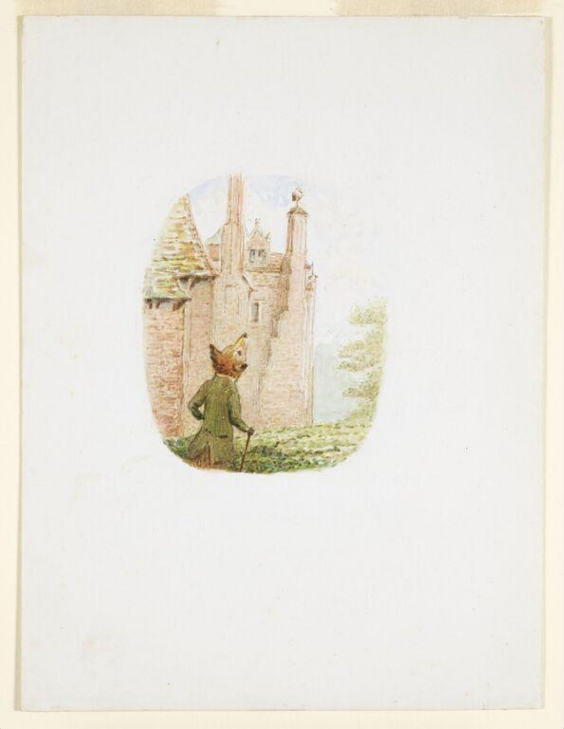 The fox looks up at the stork standing on top of a tower, Beatrix Potter, 1919