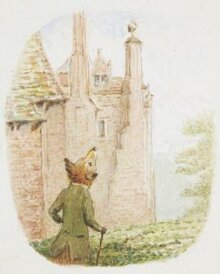 The fox looks up at the stork standing on top of a tower thumbnail 1