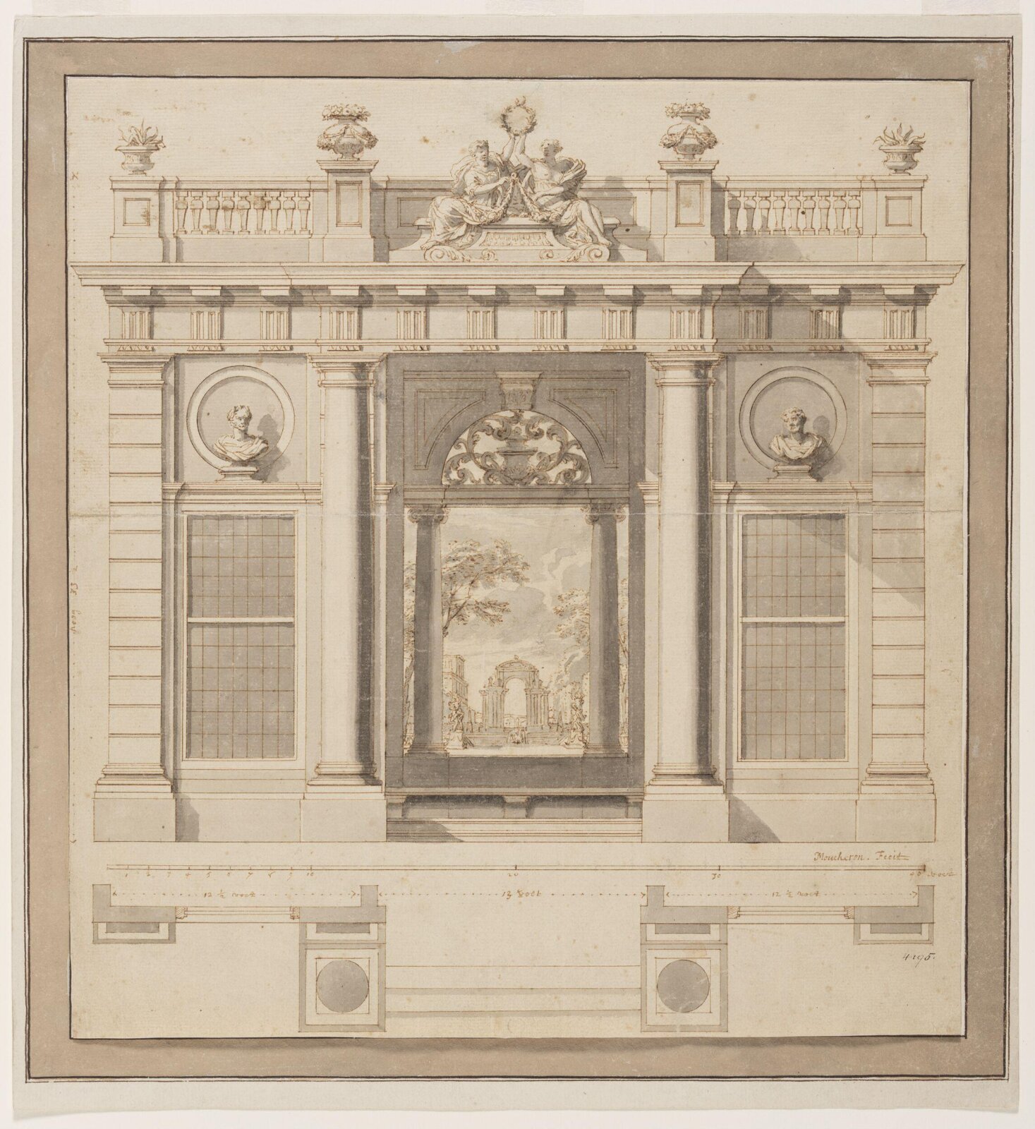 Design (plan and elevation) for a window seat in an architectural structure, perhaps a garden pavilion, Isaac de Moucheron