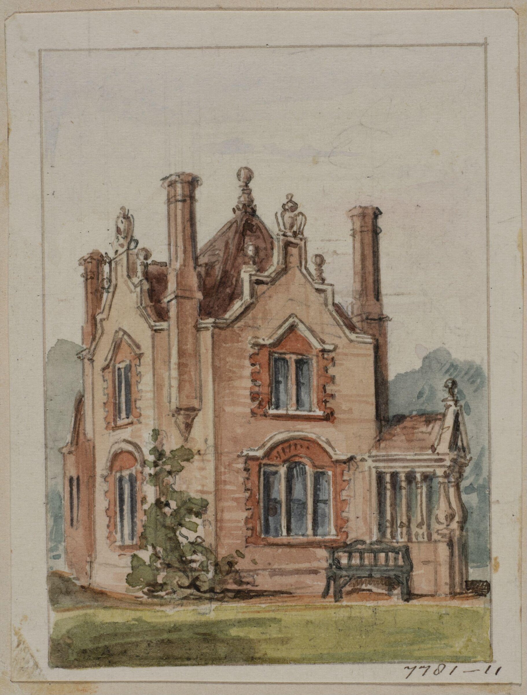 Vignette with the perspective view of a country cottage or lodge, Charles James Richardson, circa 1850 - 1870