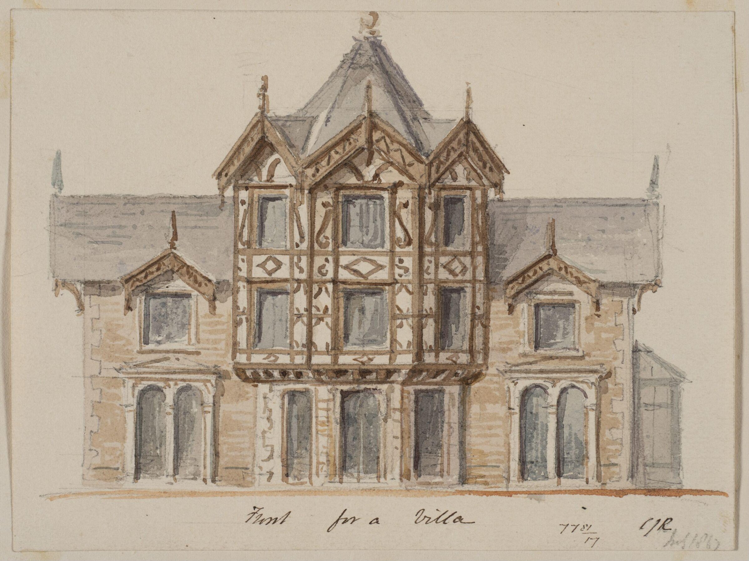 Vignette with the perspective view of  the front for a villa, Charles James Richardson, circa 1850 - 1870