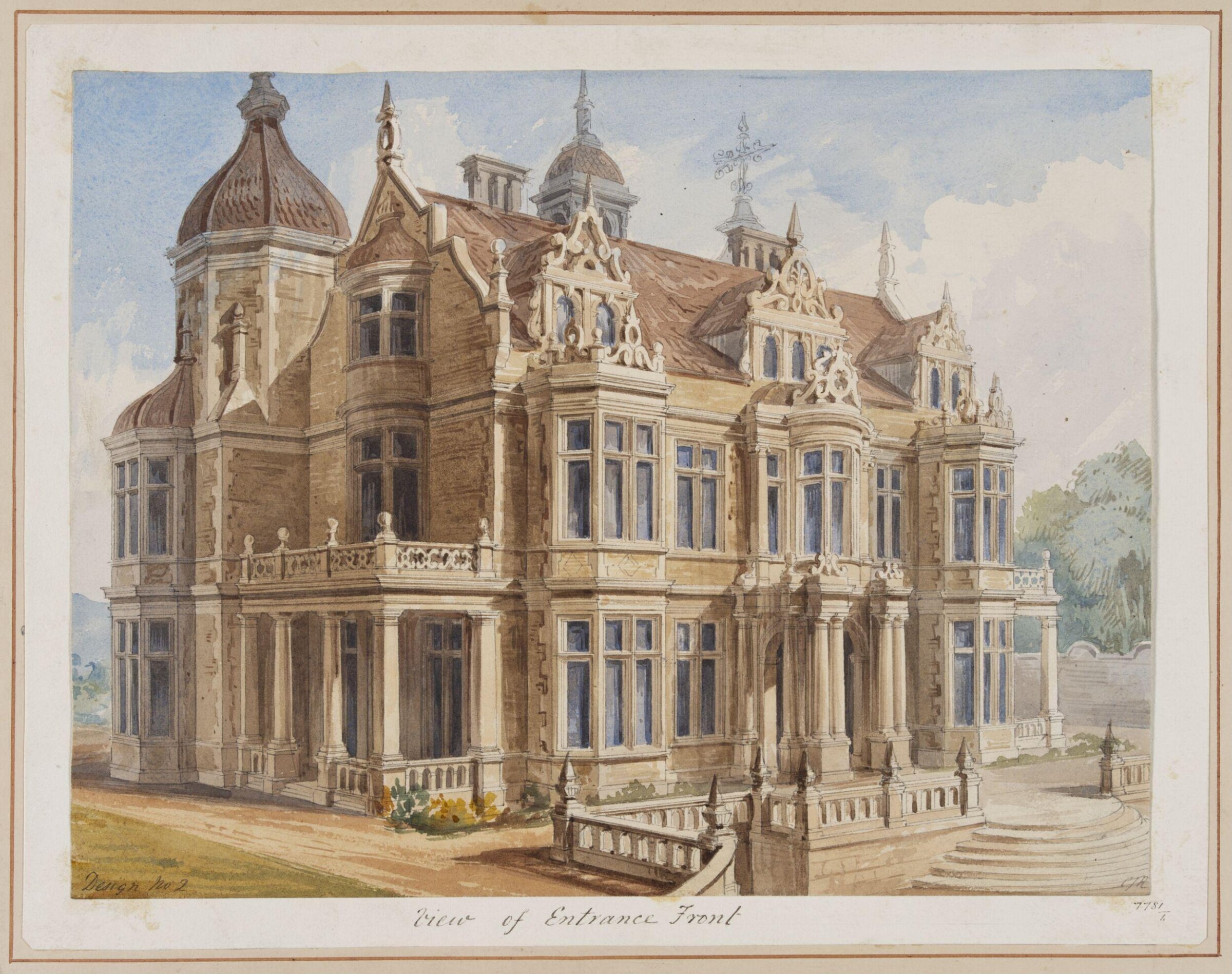 Design no. 2 - View of entrance front of a country villa in the Elizabethan style, Charles James Richardson, circa 1850 - 1870