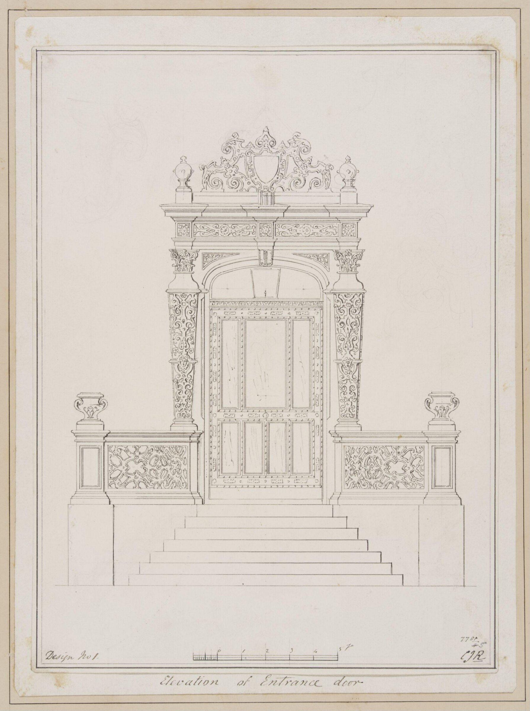 Design no. 1 - Elevation of entrance door of a small country villa, Charles James Richardson, circa 1850 - 1870