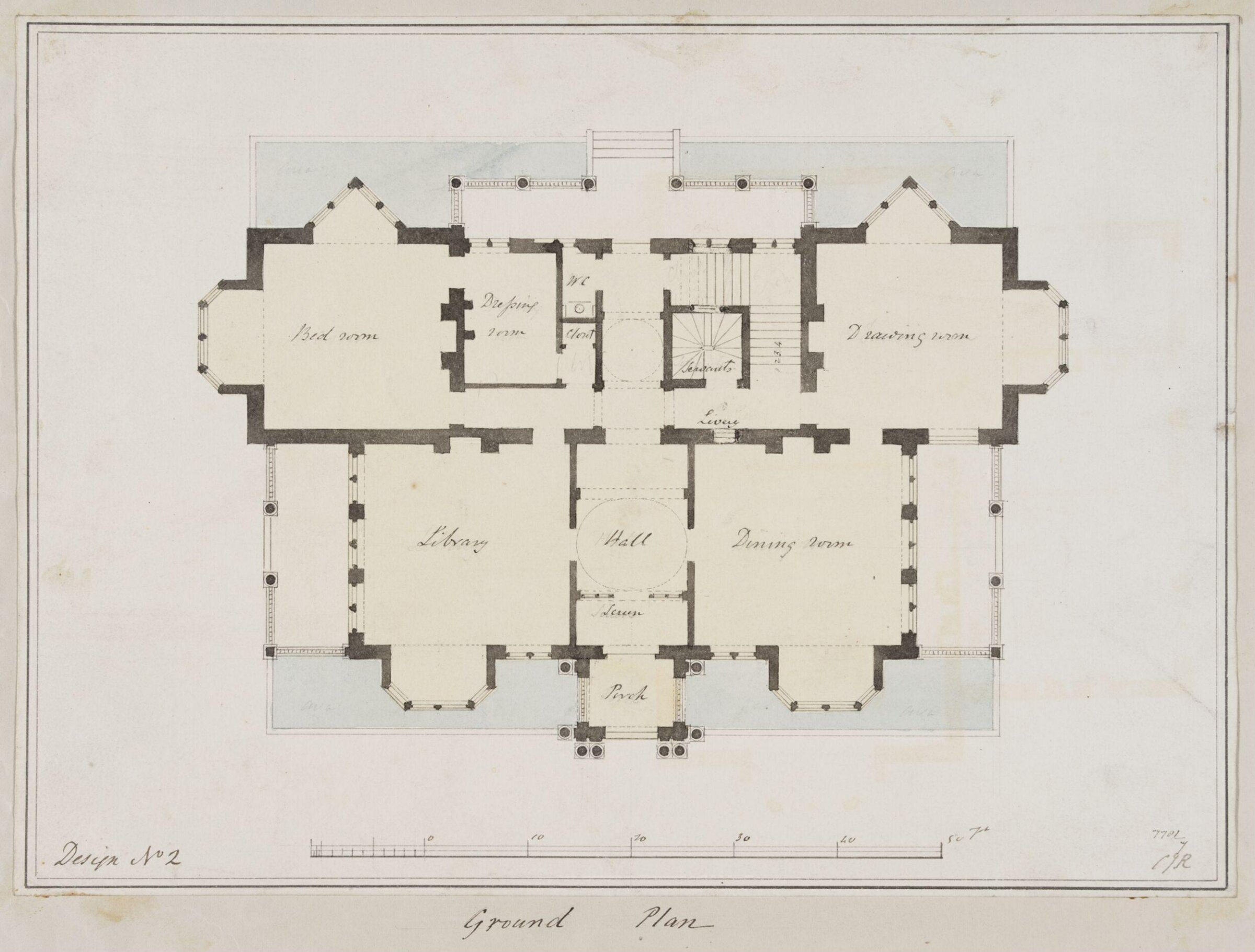 Design no. 2 - Plan of the ground floor of a country villa in the Elizabethan style, Charles James Richardson, circa 1850 - 1870