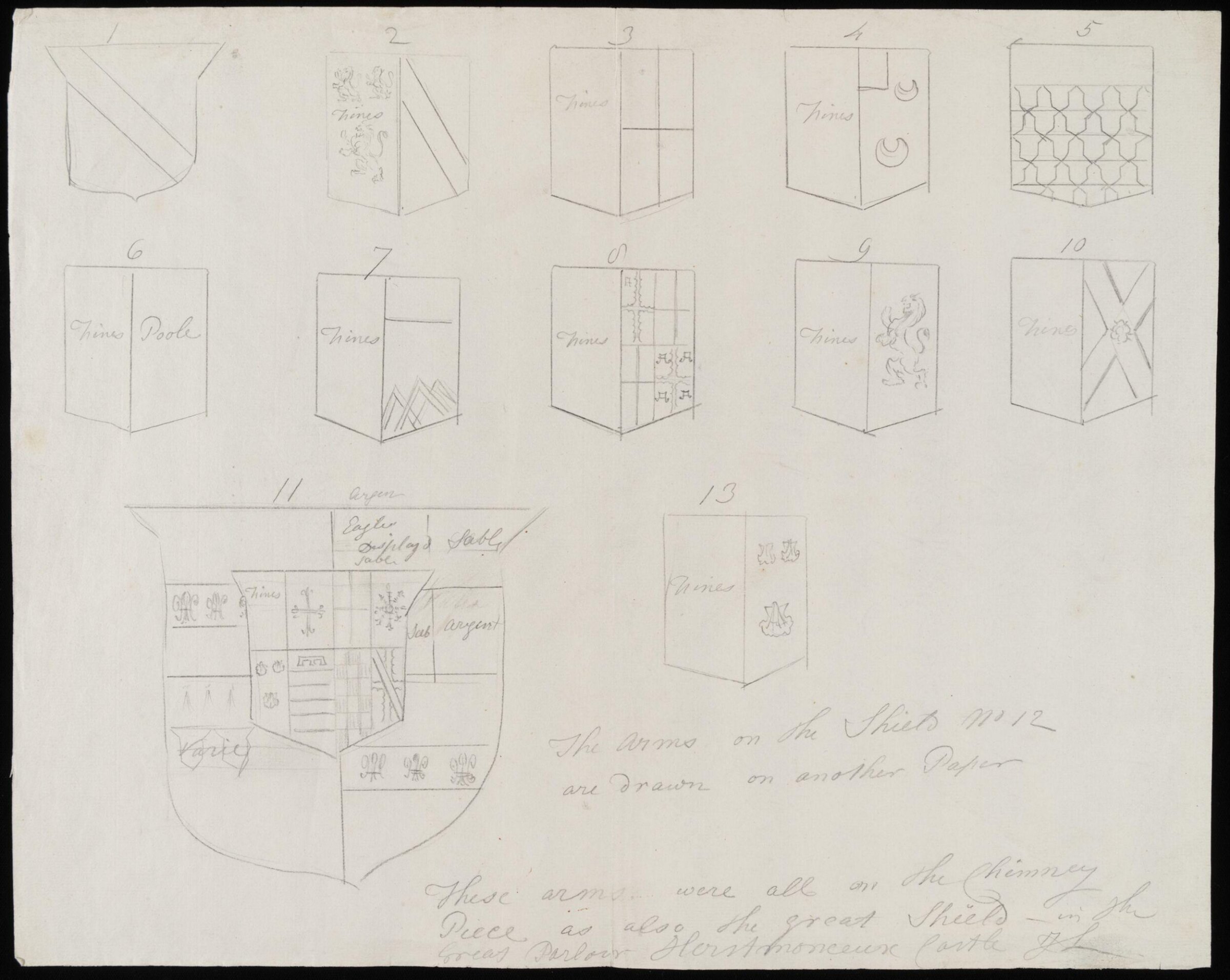 Sketches of coats of arms on chimney-piece of Great Parlour., James Lambert senior, 1776