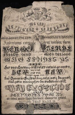 Eleven lines from 'The Task' with the Royal Arms and portrait of Queen Victoria
