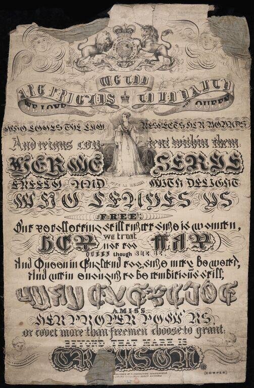 Eleven lines from 'The Task' with the Royal Arms and portrait of Queen Victoria