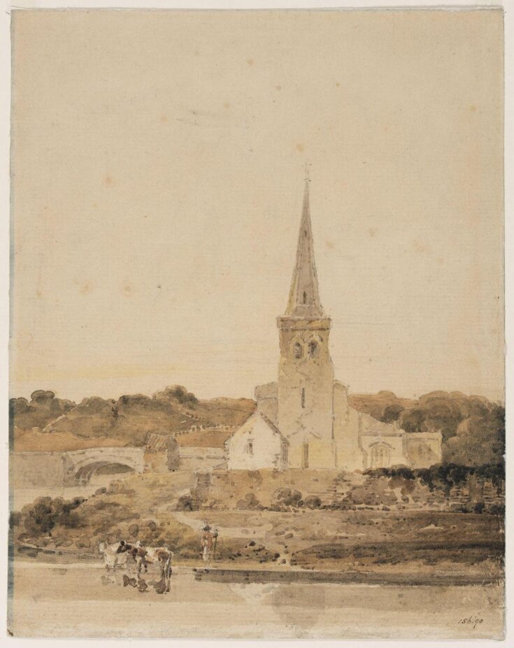 Landscape, with church beside a river top image