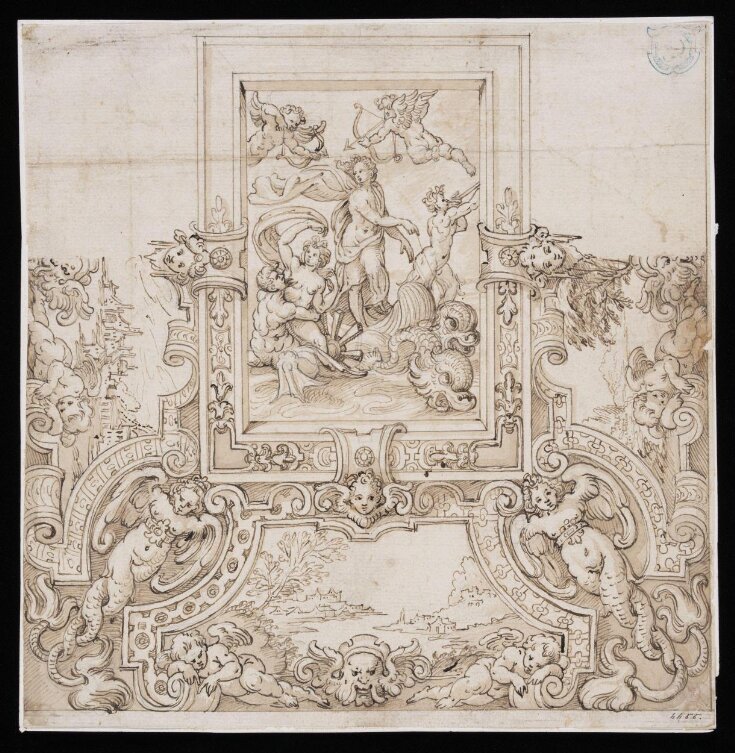 Ceiling design with a panel in the middle containing a copy of Raphael's Galatea in the Villa Farnesina and round the edge cartouches containing landscapes and putti top image