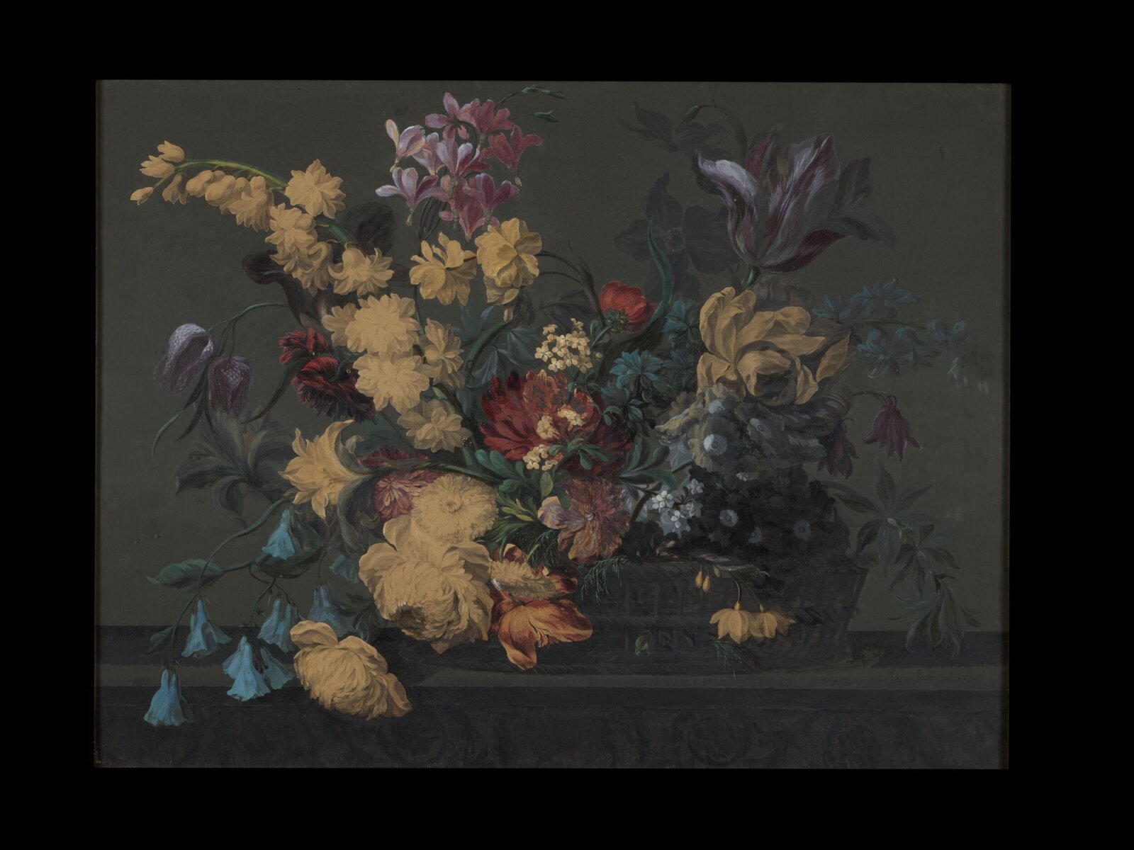 Spring flowers in a basket, Mary Moser, 1767
