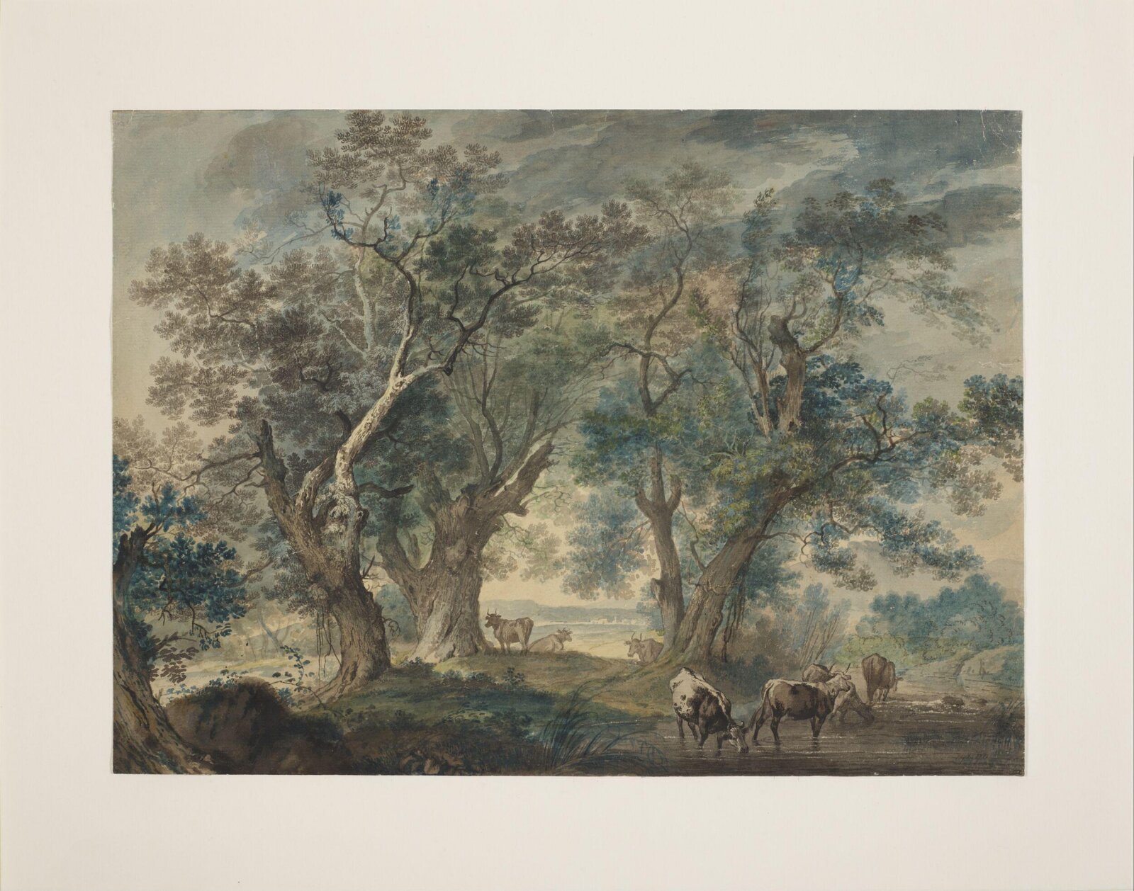 Landscape with cattle drinking at a pool, George Robertson, ca. 1760-88