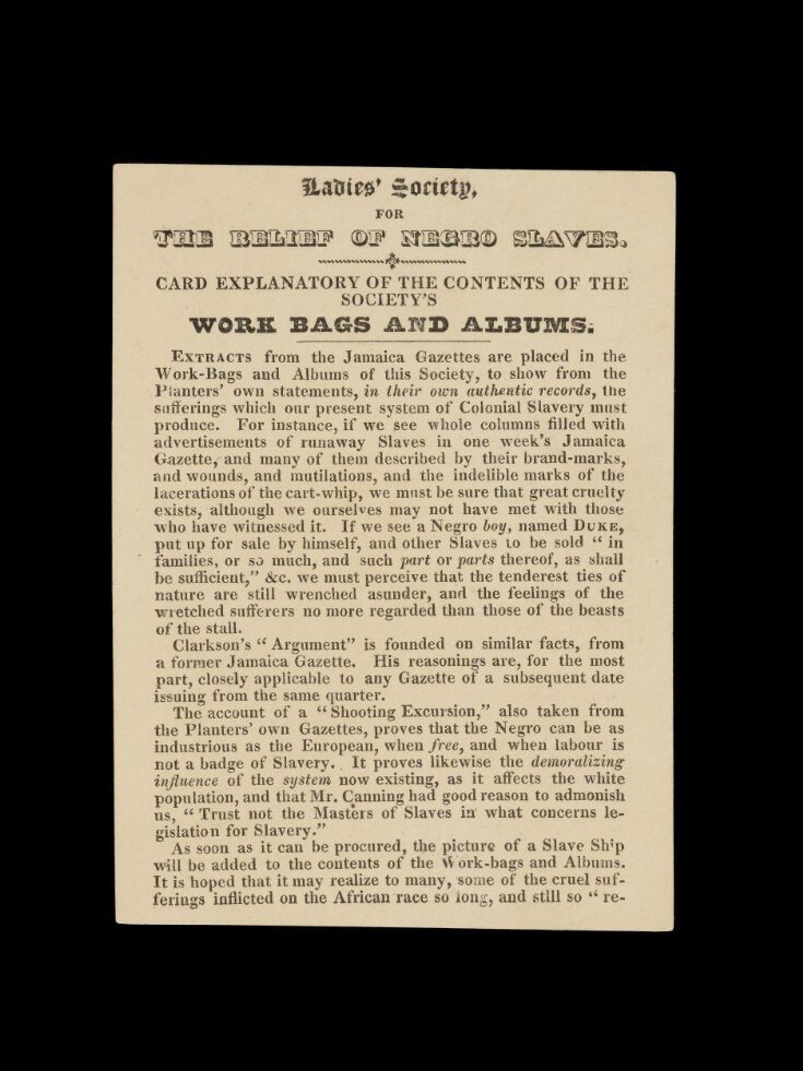 Ladies Society, for The Relief of Negro Slaves. Card Explanatory of the Contents of the Society's Work Bags and Albums top image
