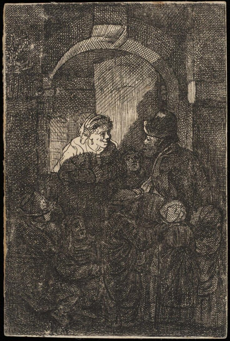 Woman at a door hatch talking to a man and children (The Schoolmaster) top image