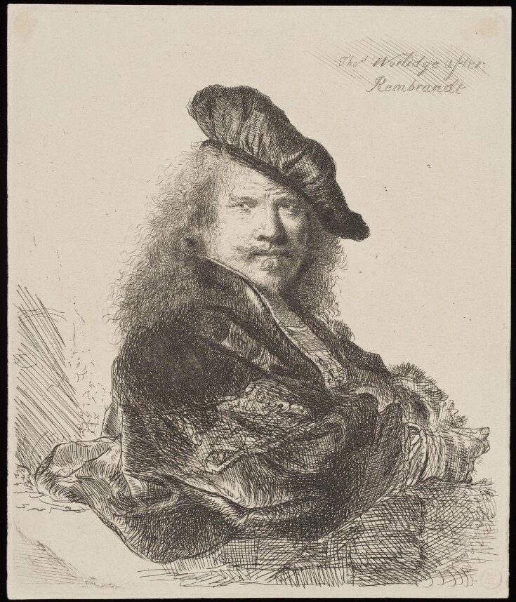 Self portrait of Rembrandt Van Rijn leaning on a stone sill top image