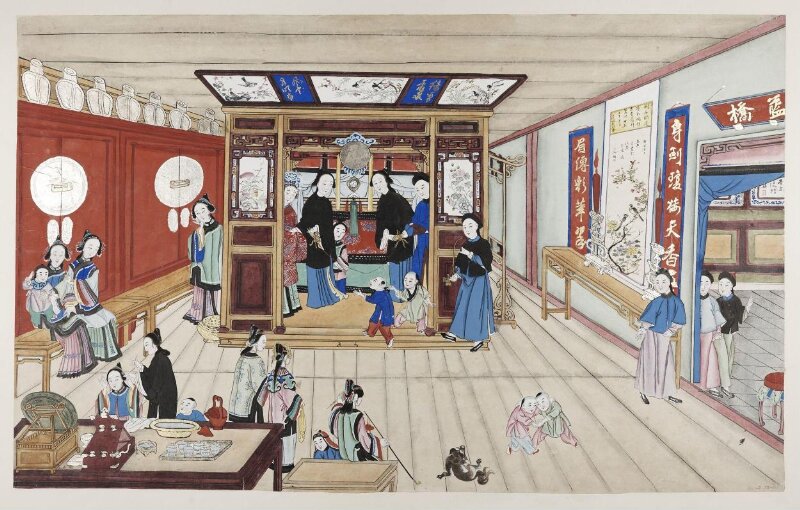One scene of a wedding: bride and groom in front of the marriage bed,