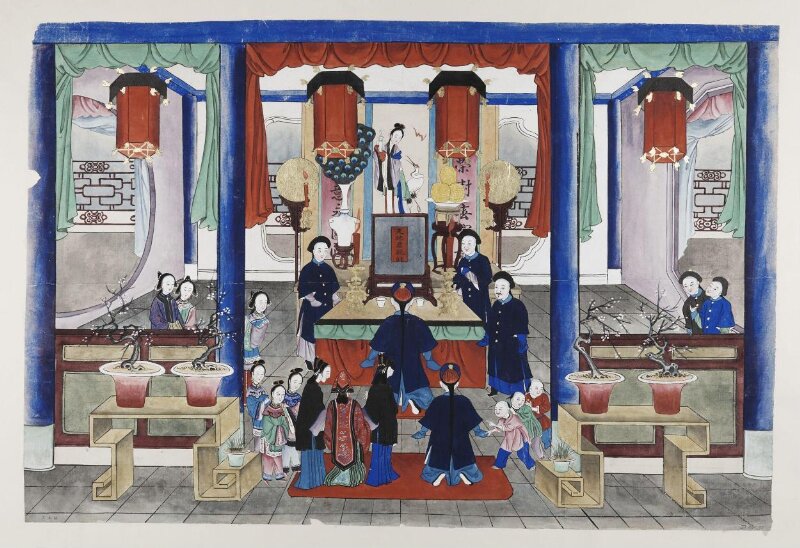 One scene of a wedding: bride and groom paying respect to the ancestors