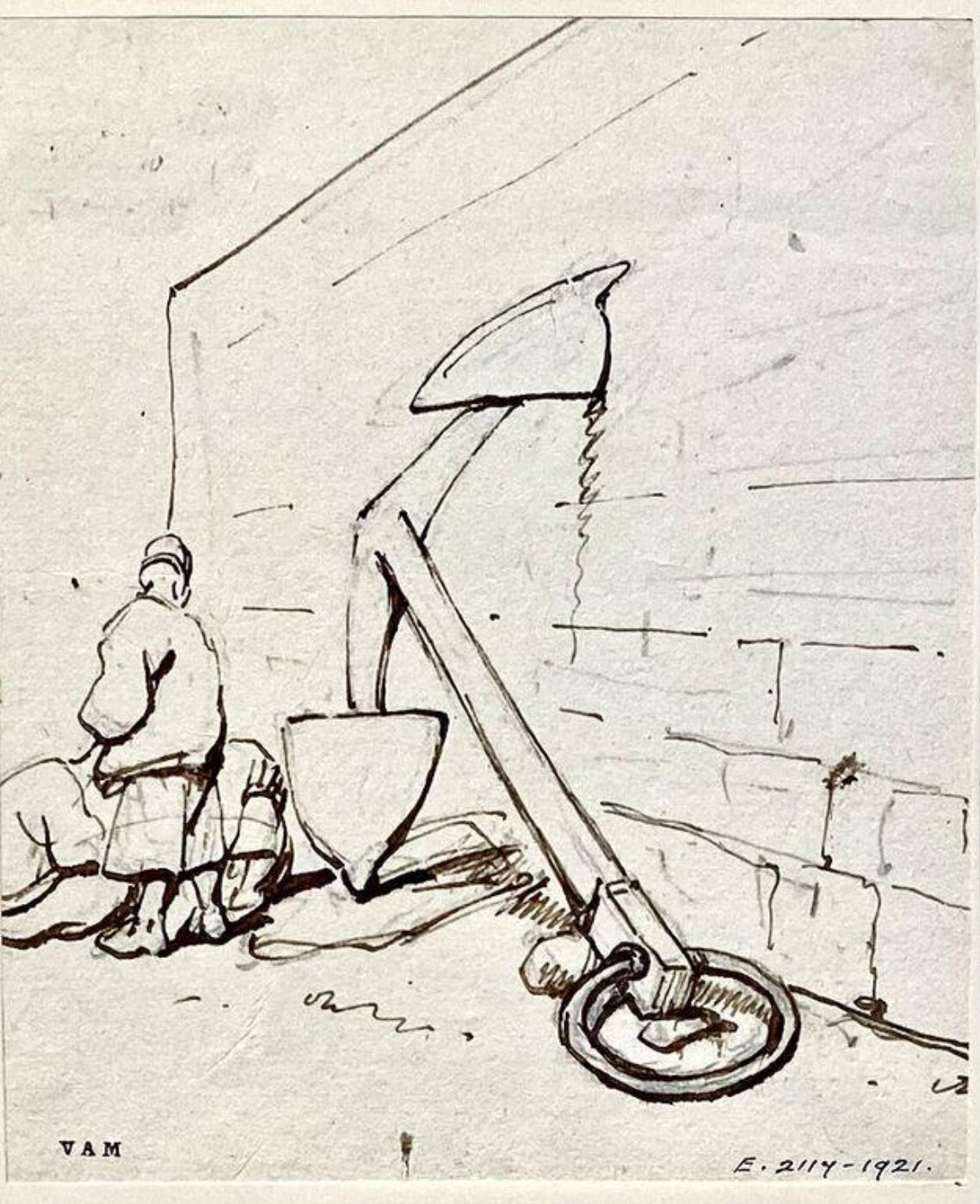 George Chinnery, An anchor by a wall with Chinese figures beyond