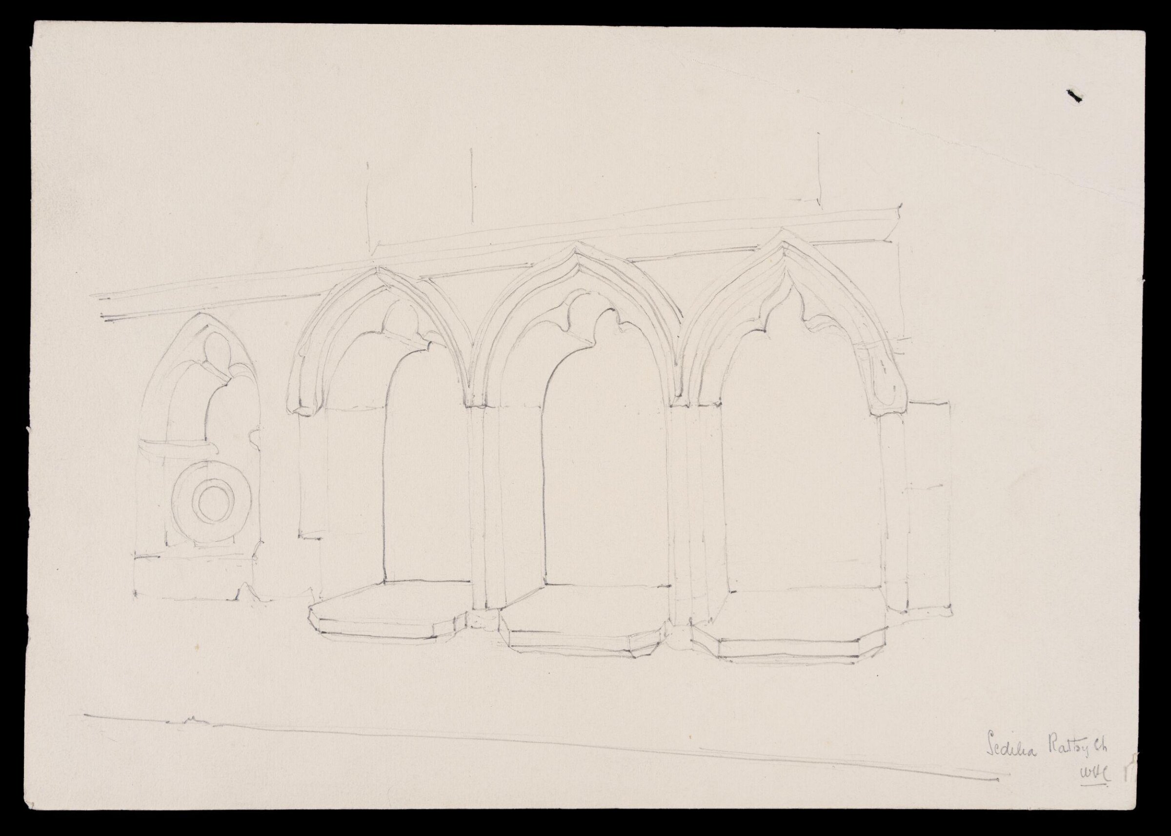 Window, sedilia and font at the Parish Church, Ratby, W.H. Cowlishaw, 1890