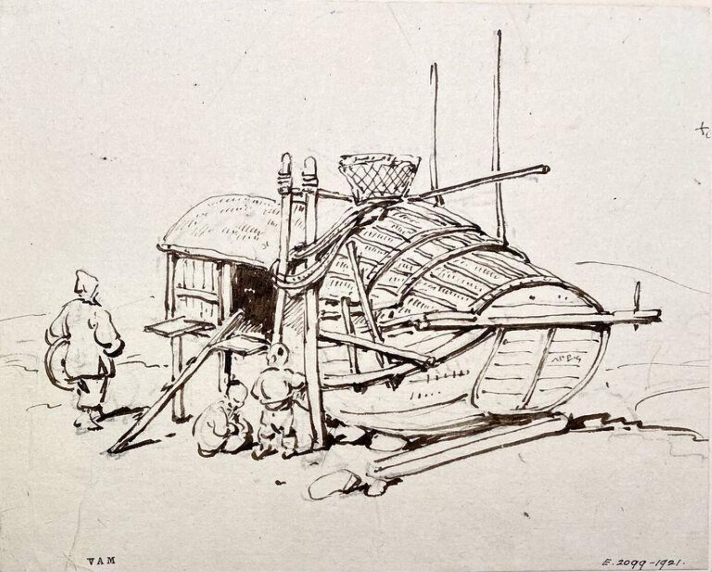 George Chinnery, Drawing, a Tanka boat propped up ashore, Macau