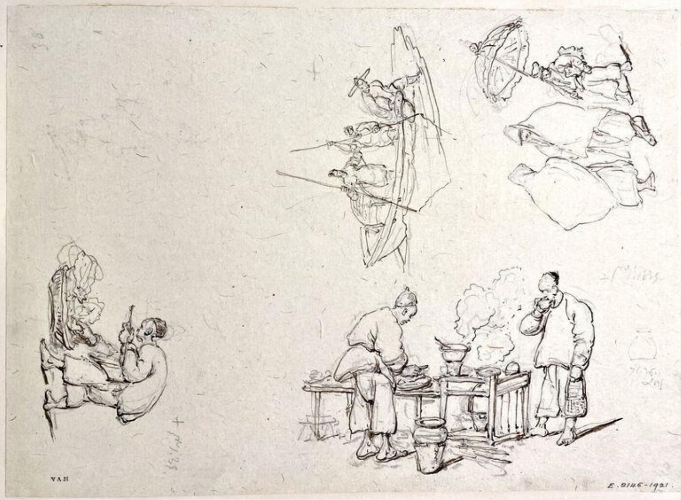 George Chinnery, Chinese figures at a foodstall, and three other sketches, Macau