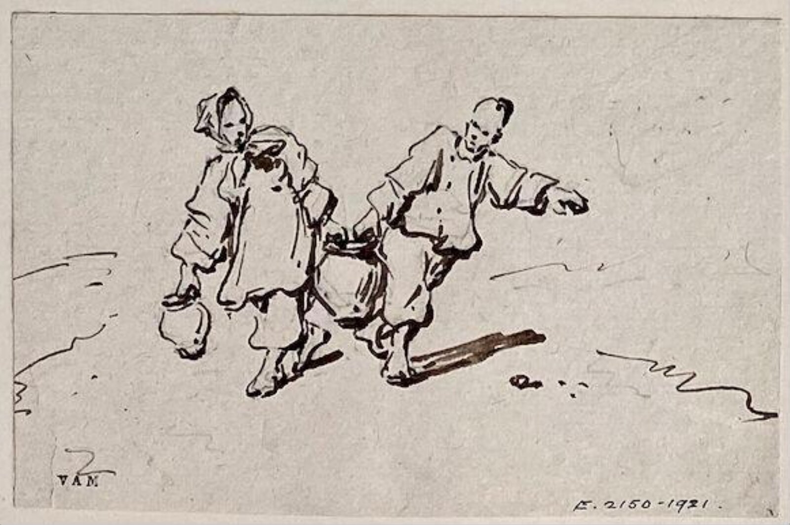 Two Chinese figures carrying a jar, George Chinnery, 29/09/1825 - 30/05/1852