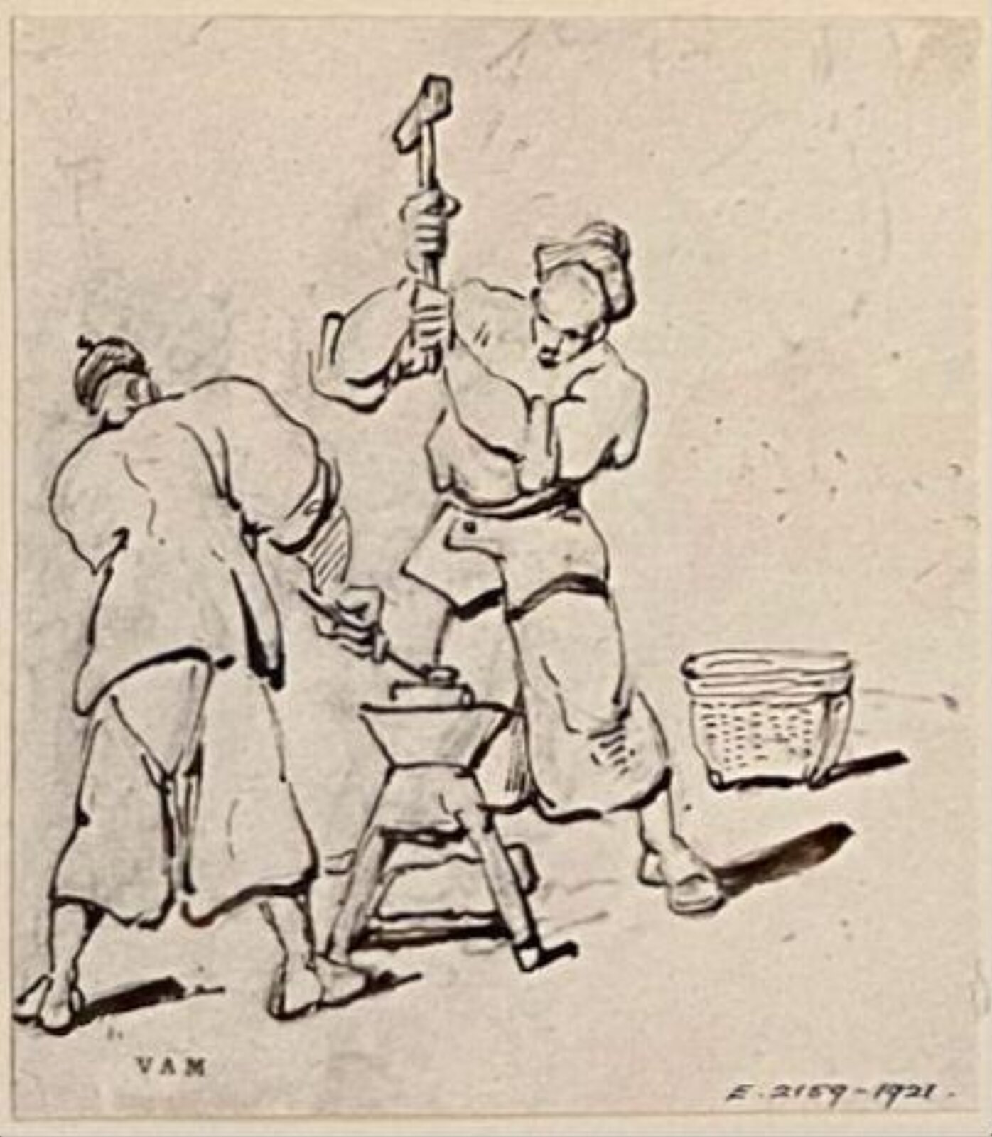 Two Chinese blacksmiths at work, with a basket behind, George Chinnery, 29/09/1825 - 30/05/1852