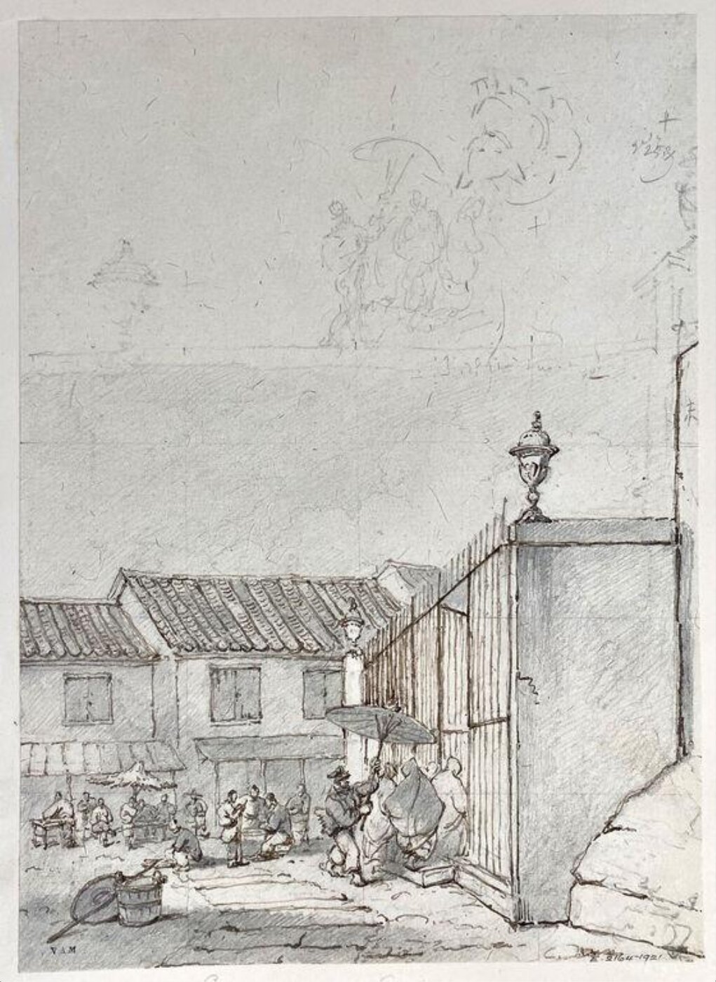 George Chinnery, Figures by the railings outside S. Domingos Church, Macau