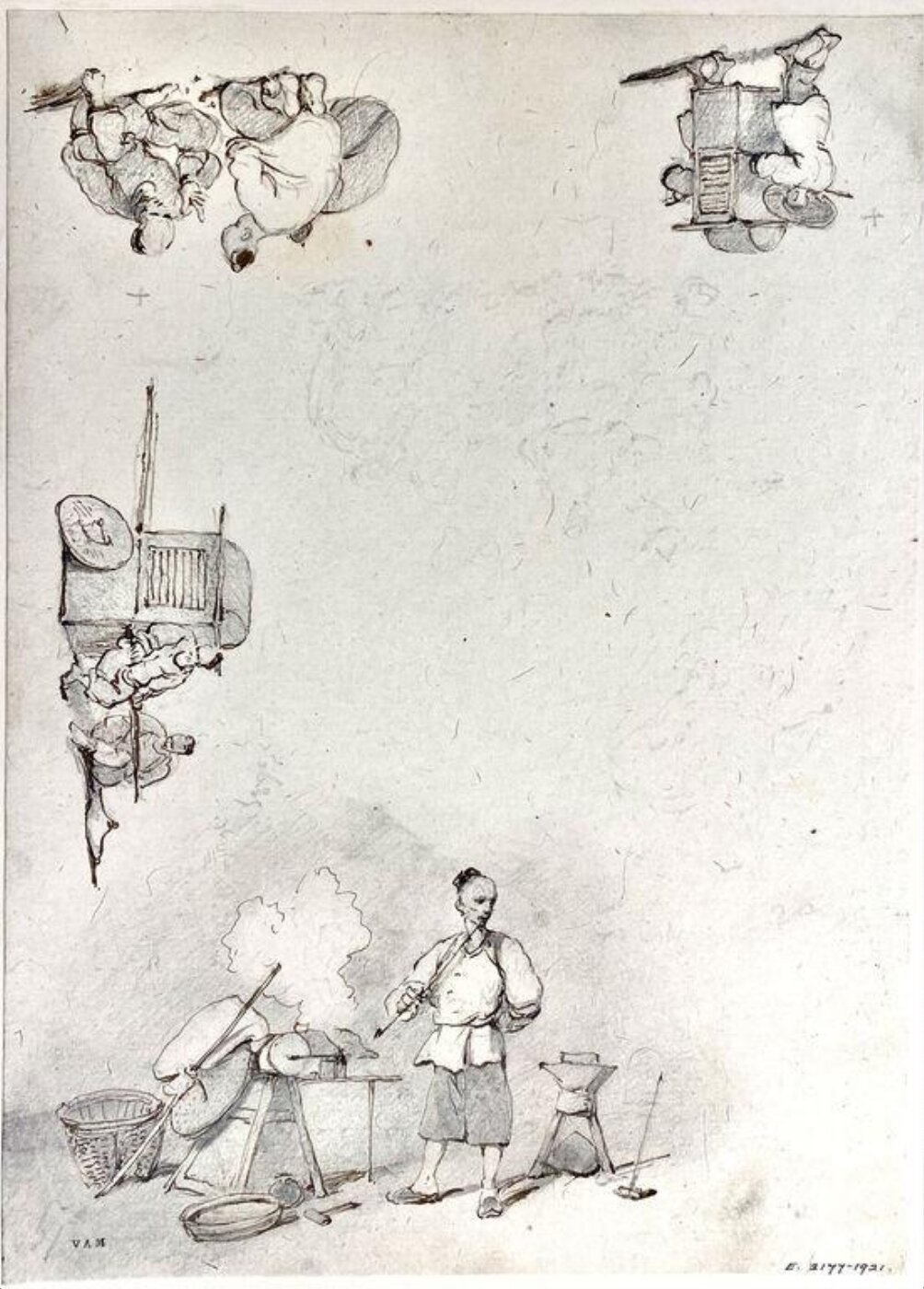 George Chinnery, Studies of Chinese figures: a blacksmith, sedan chair bearers, and gamblers