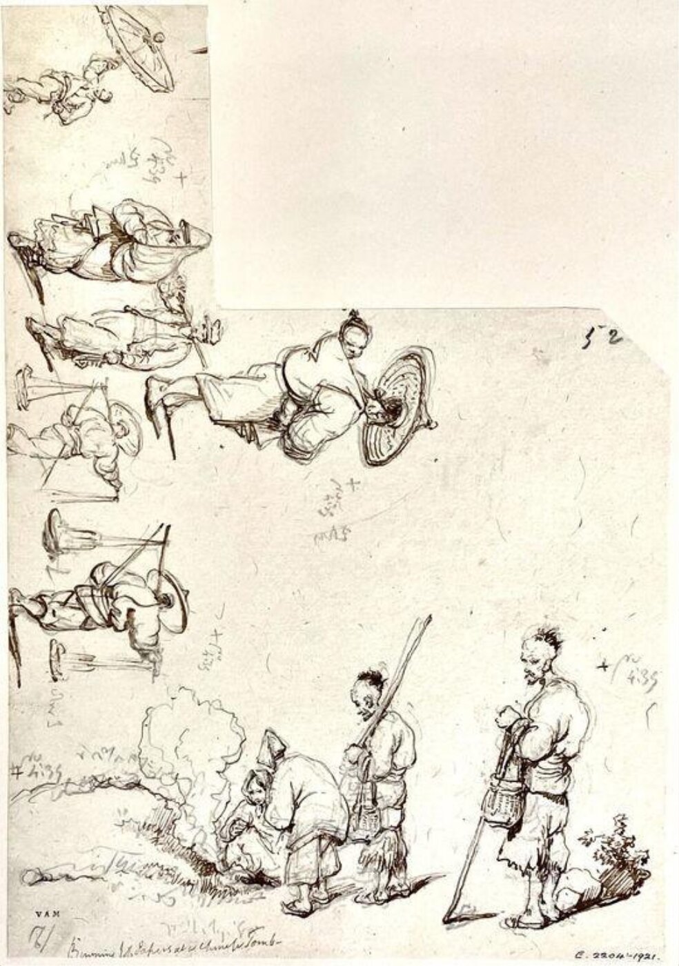 George Chinnery, Boatwomen tending a fire, and other studies of standing or walking figures