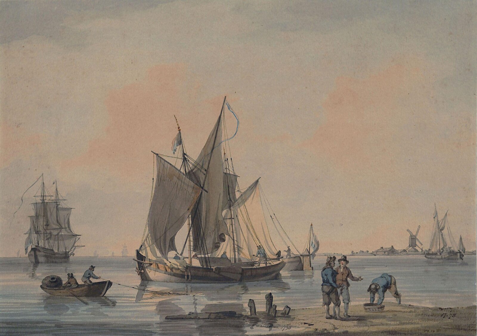 Coast scene with shipping and figures, William Anderson, 1795