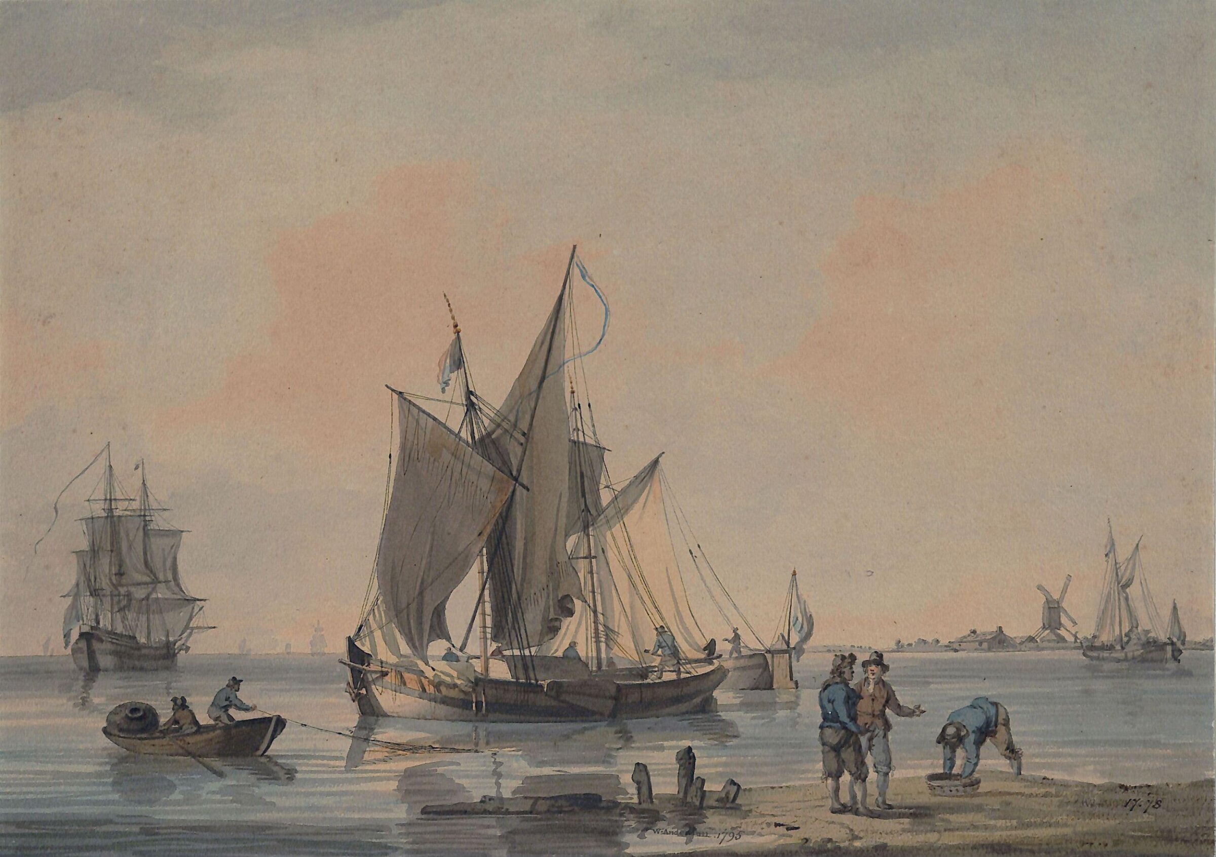 Coast scene with shipping and figures, William Anderson, 1795