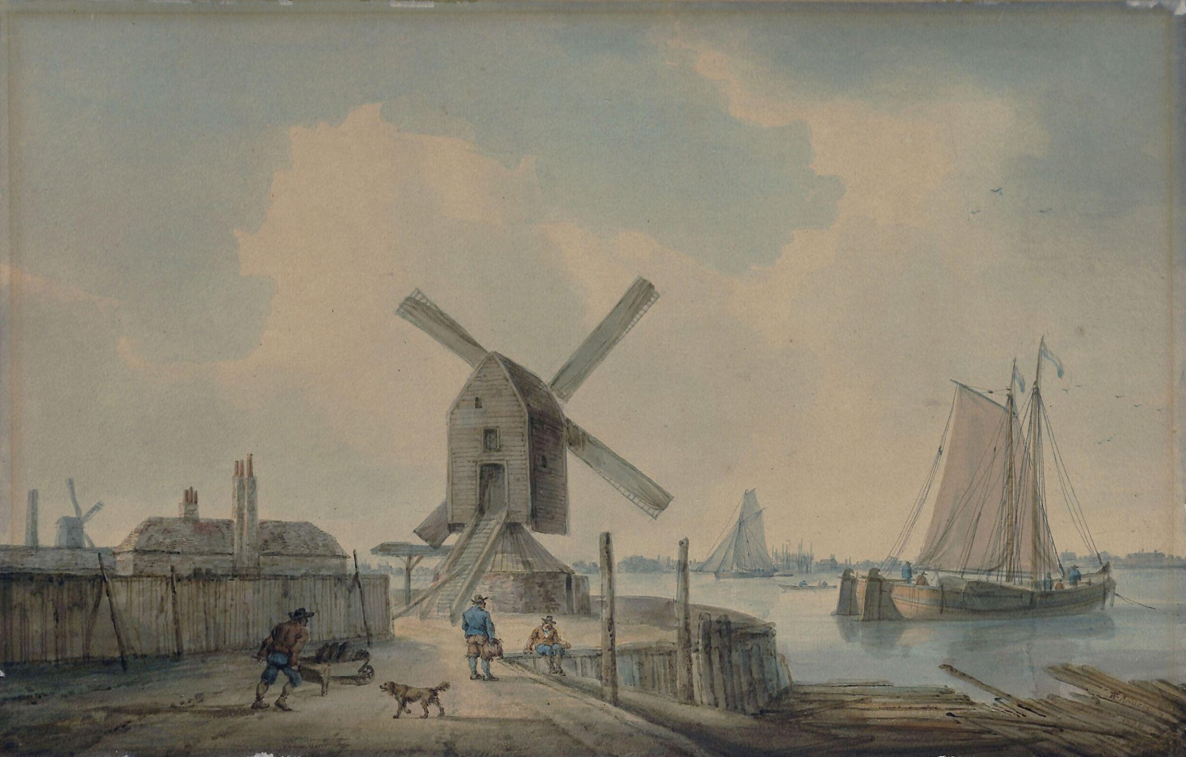 A Shore Scene with Windmills and Shipping, William Anderson, 1800
