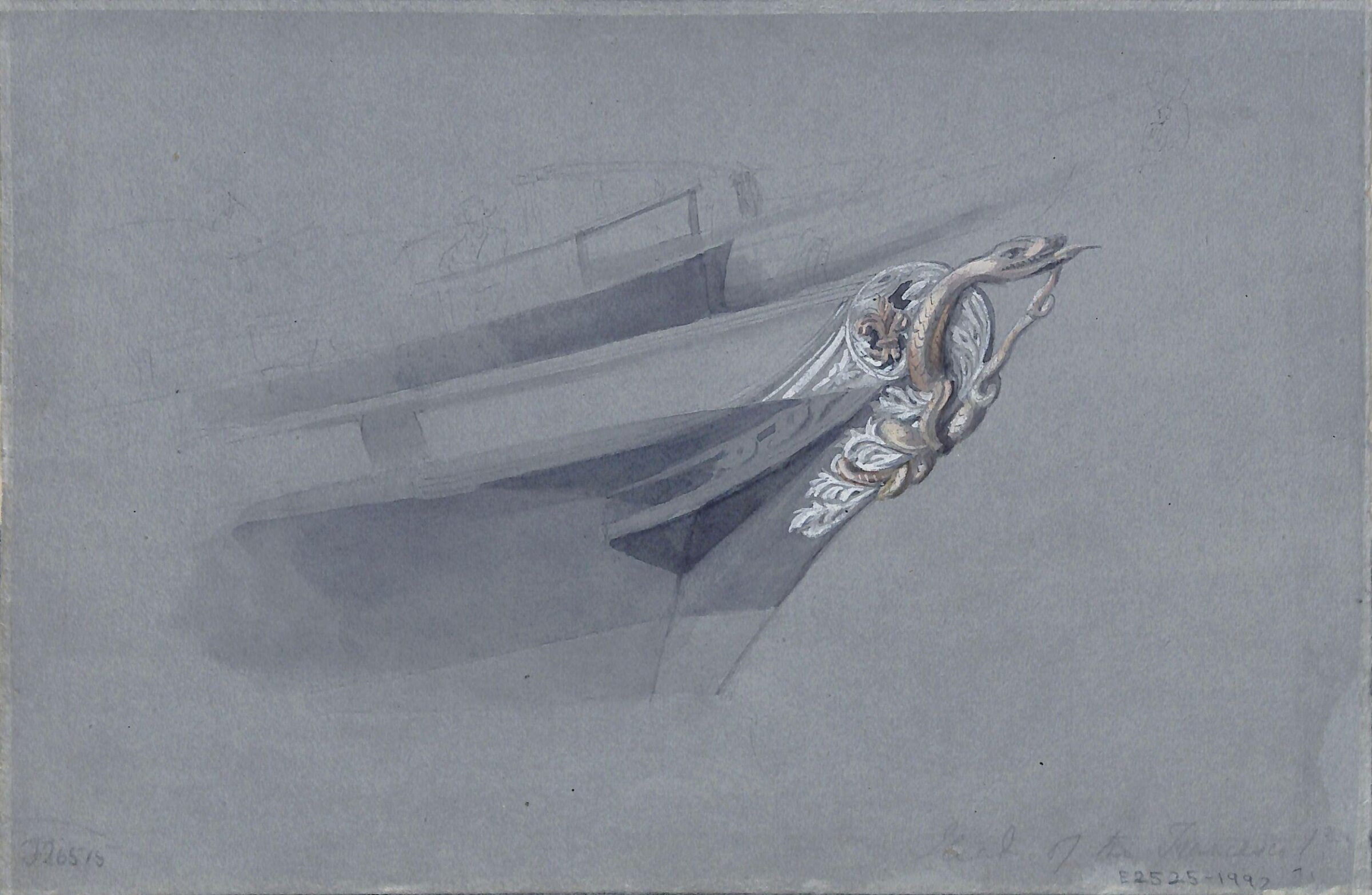 Watercolour of ship's figurehead: harbour scene on verso, Calvert Richard Jones, 19th century