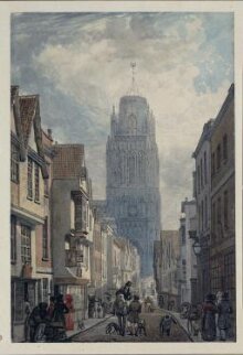 A street in Bristol with the tower of the Church of St. Mary Redcliffe thumbnail 1
