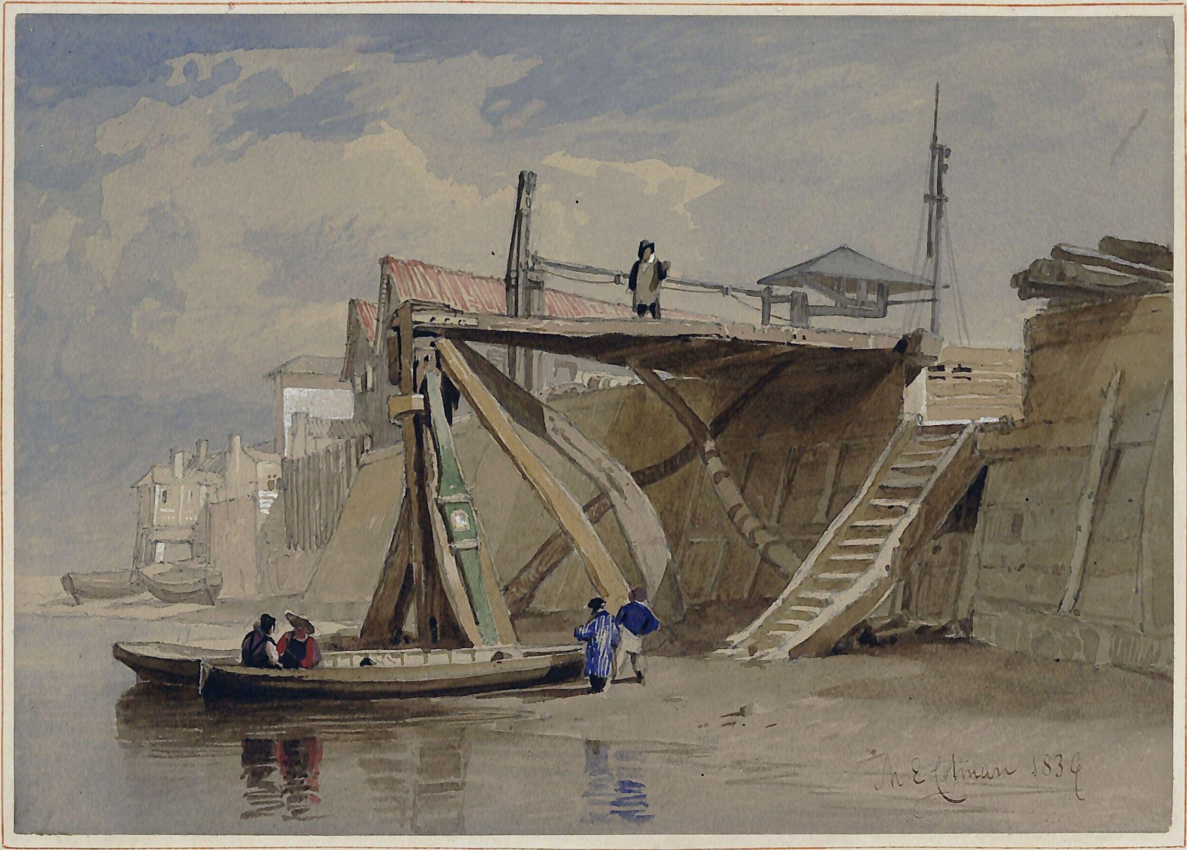 On the banks of the Yare, Southtown, Yarmouth, Miles Edmund Cotman, 1836