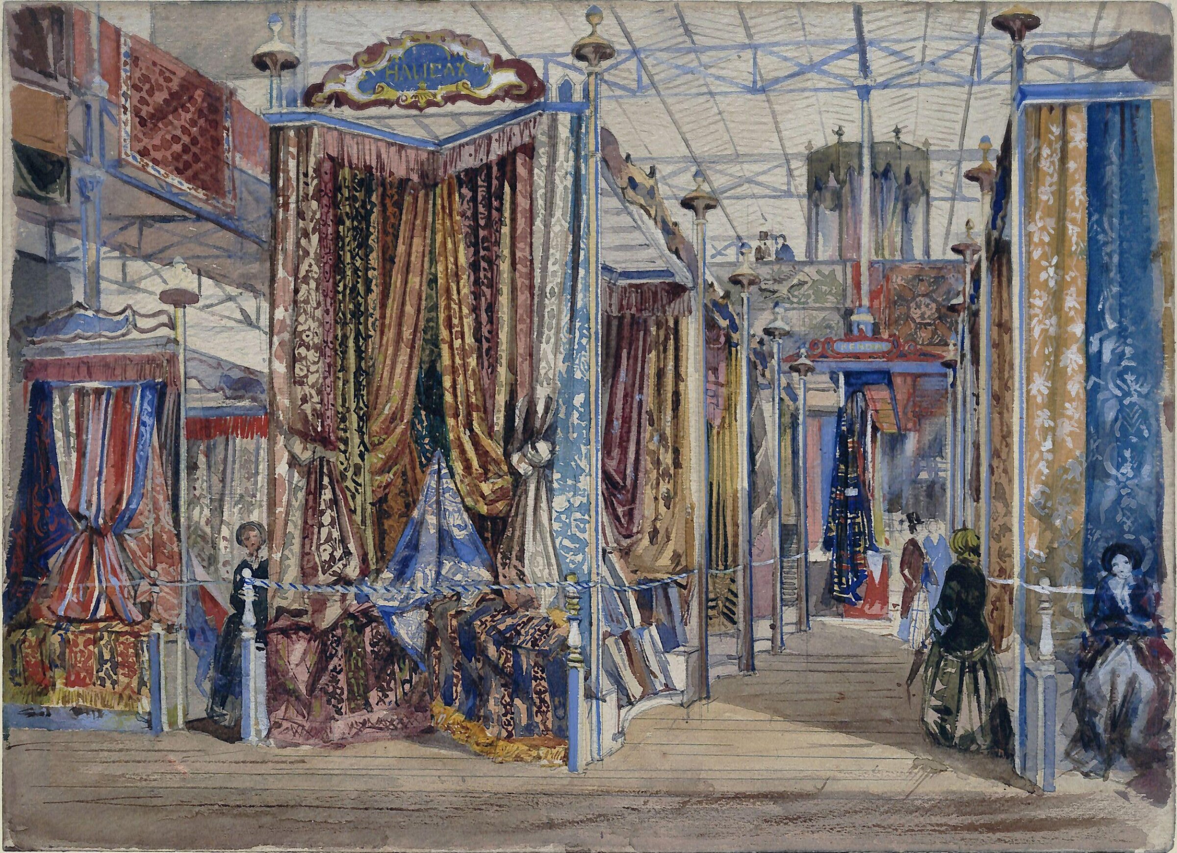 Display of fabric in the Halifax and Kendal courts at The Great Exhibition of 1851, Delamotte, 1851