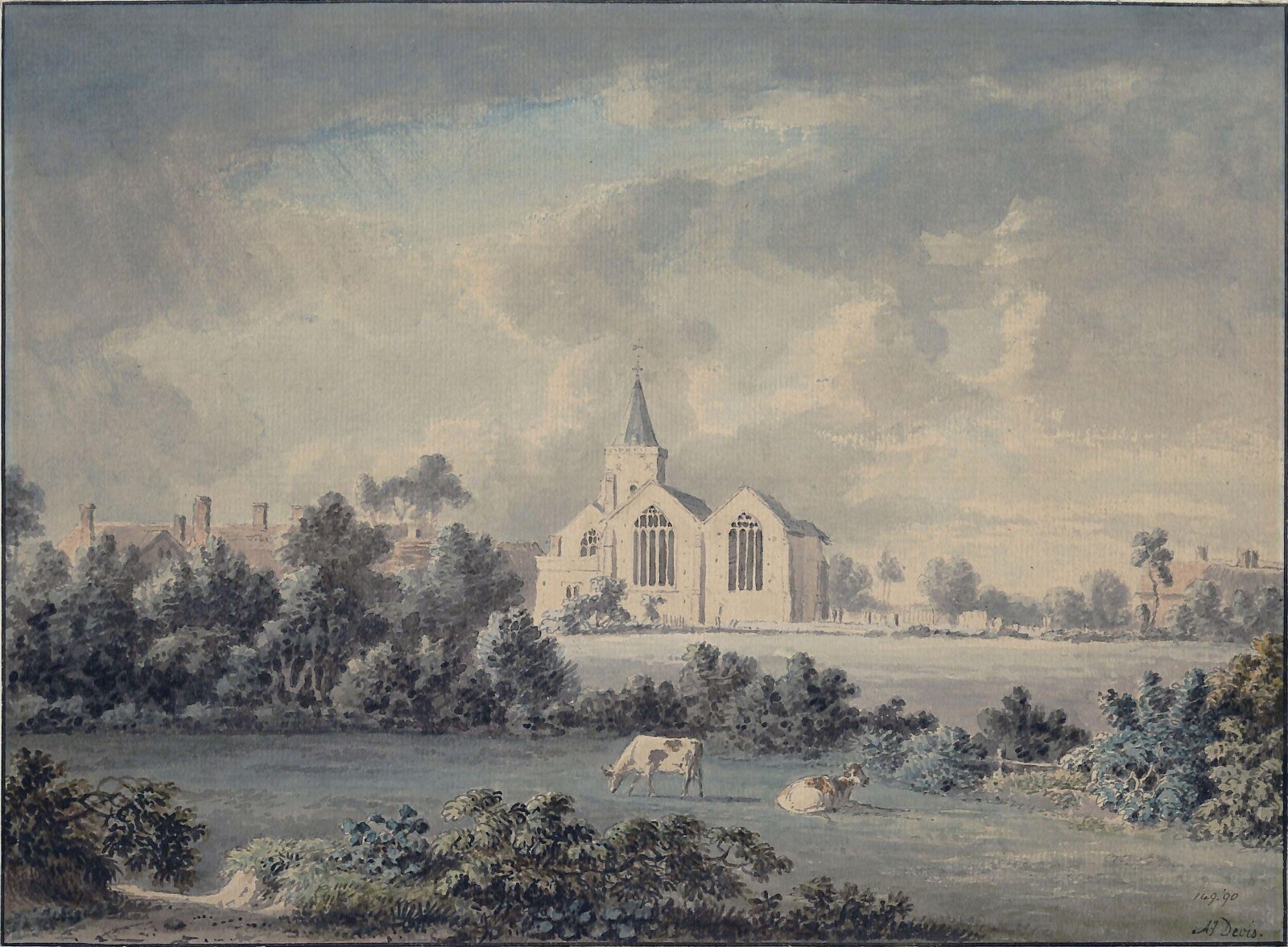 Landscape with church and houses, Devis, ca. 1750-1790