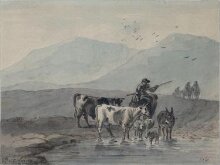 Mountain landscape, with cattle and figures thumbnail 1